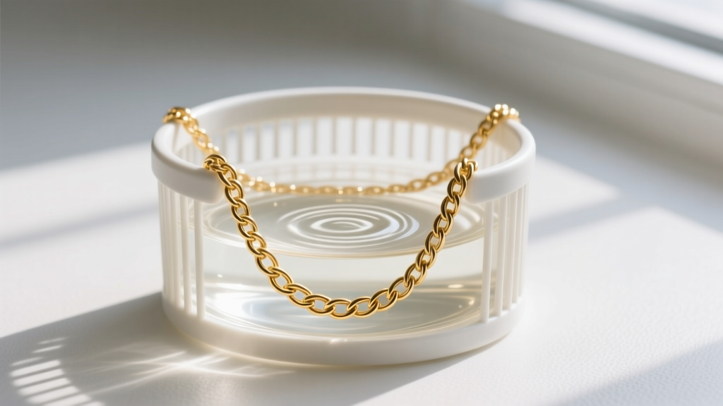 Ultrasonic jewelry cleaner basket holding a delicate 14k gold-filled rope chain submerged in a mild alkaline cleaning solution