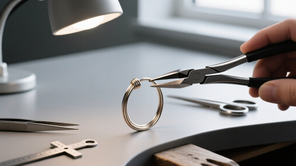 Jeweler bench showing 22-gauge titanium wire shaped into a micro-huggie hoop using precision pliers under a focused desk lamp.