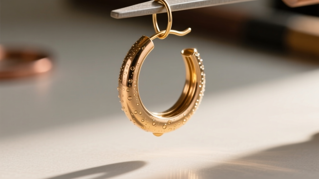 Workbench showing a raw brass hoop earring coated with clear protective spray to prevent copper skin reactivity and green marks