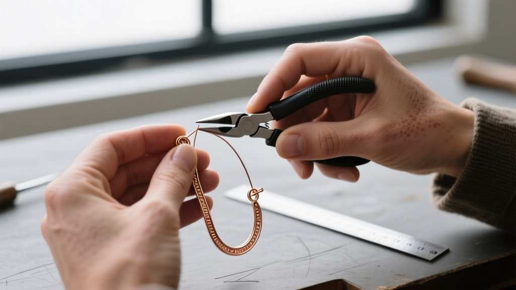 Close-up of an artisan using nylon pliers to adjust the tension wire of an 18k rose gold ear crawler earring on a bench.