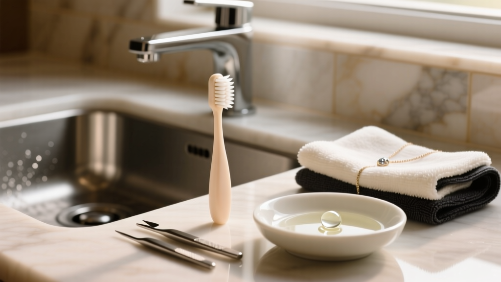 Close-up of jewelry cleaning tools including an ultra-soft baby toothbrush, microfiber cloth, and mild soap near a sink.