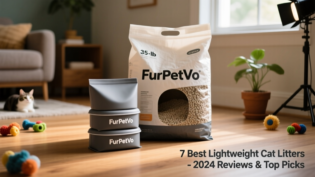 Stacked FurPetVo lightweight litter bags beside a standard 35-lb clay litter bag, highlighting size and weight difference