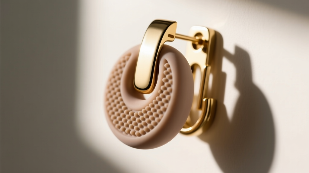 Macro shot of a new silicone comfort pad on a brass clip on statement earring back, showing textured grip against soft light.