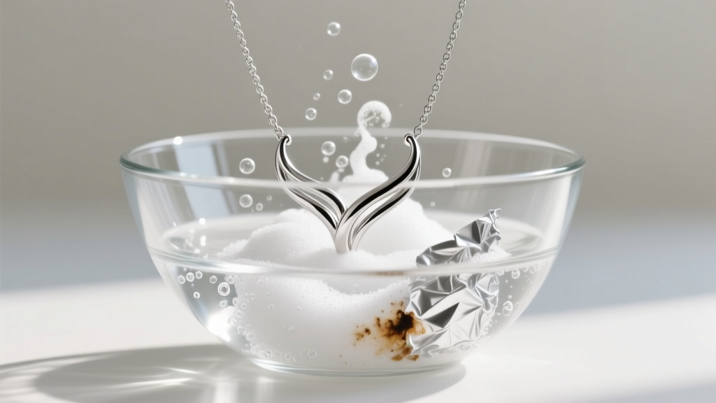 Sterling silver necklace submerged in a glass bowl with baking soda and foil, showing active bubbling tarnish removal