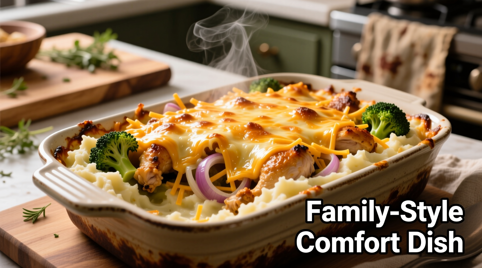 Loaded chicken potato casserole with melted cheese topping