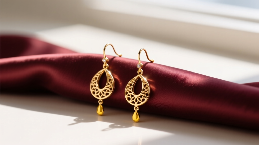 Macro shot of 14k rose gold and yellow gold drop earrings resting on folded burgundy satin cloth with soft directional shadows