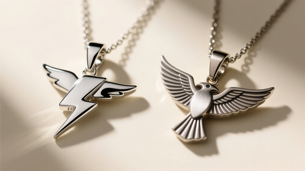 Macro shot of polished coin silver and brushed titanium thunderbird pendants side-by-side, highlighting contrasting metal textures