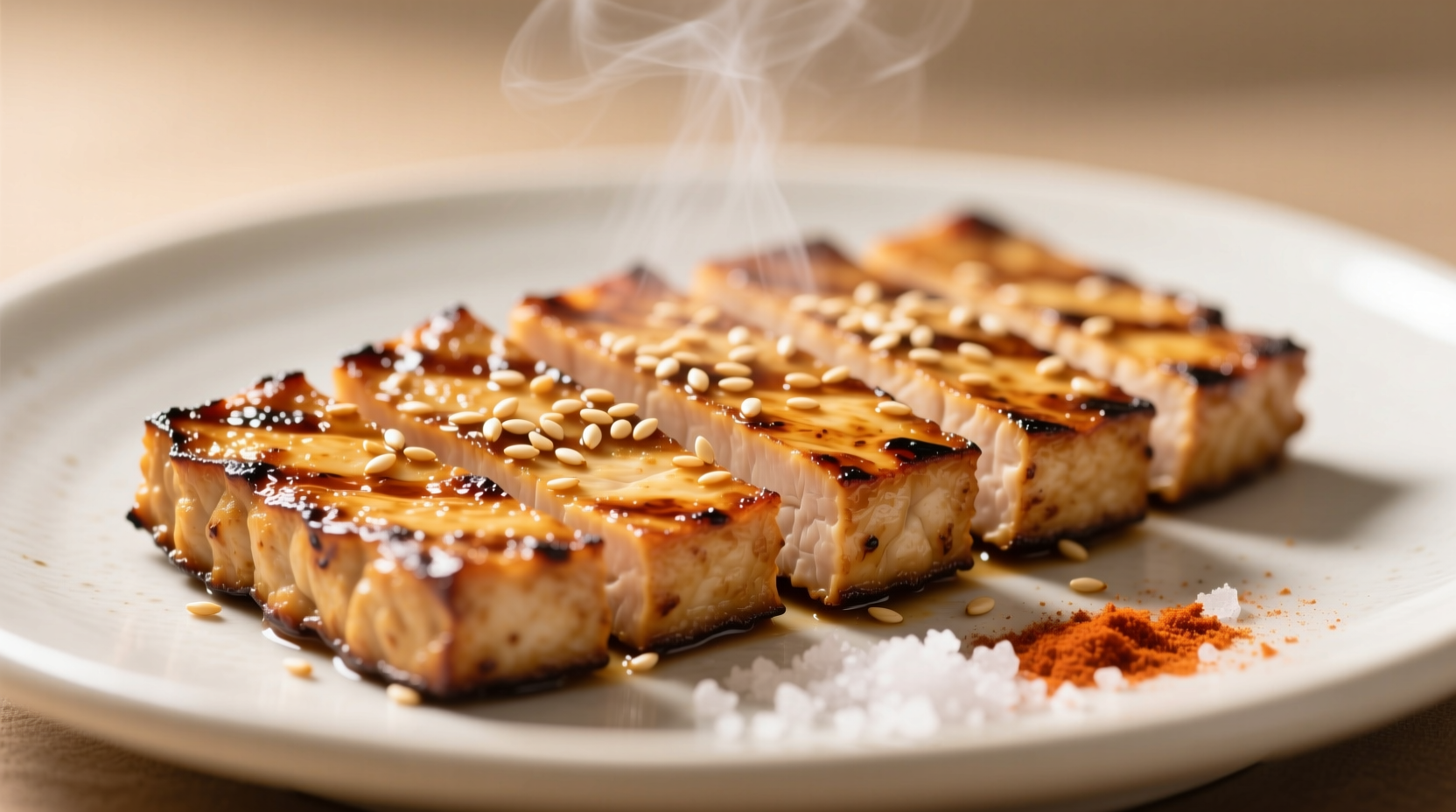 Golden brown pan-fried tempeh with sesame seeds