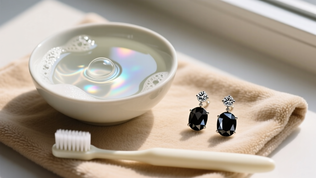 Overhead view of a bowl with soapy water, a soft toothbrush, and black diamond drop earrings resting on a tan microfiber cloth.