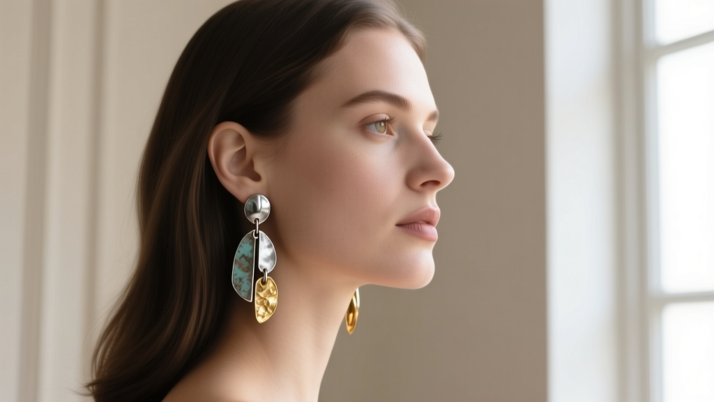 Side profile of a woman with an oval face shape wearing medium-length mixed metal oxidized silver and gold dangle earrings.