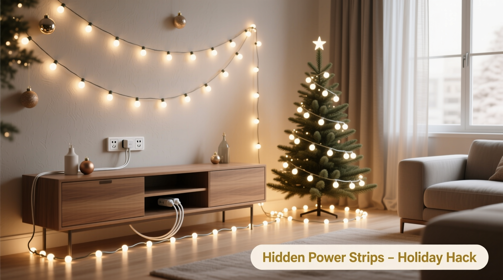 how to hide power strips when using multiple christmas light strings indoors