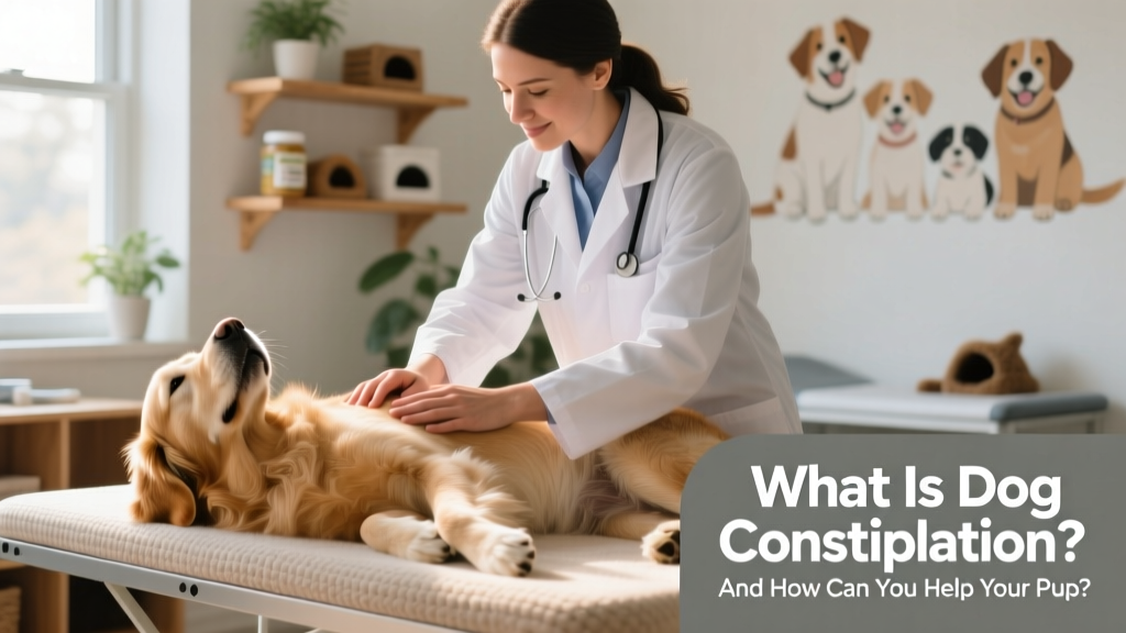 A veterinarian gently examining a calm dog’s abdomen during a wellness checkup