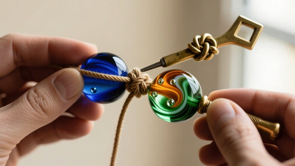 Close-up of hands using a brass knotting tool to tie a secure silk knot between two large, colorful vintage Murano glass beads