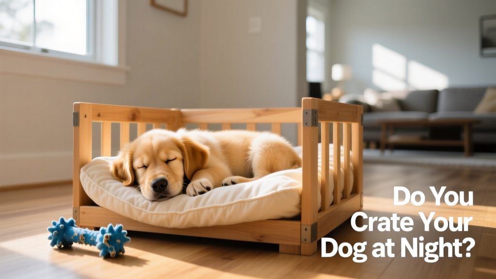A happy puppy sleeping peacefully in a crate lined with a plush bed and chew toy