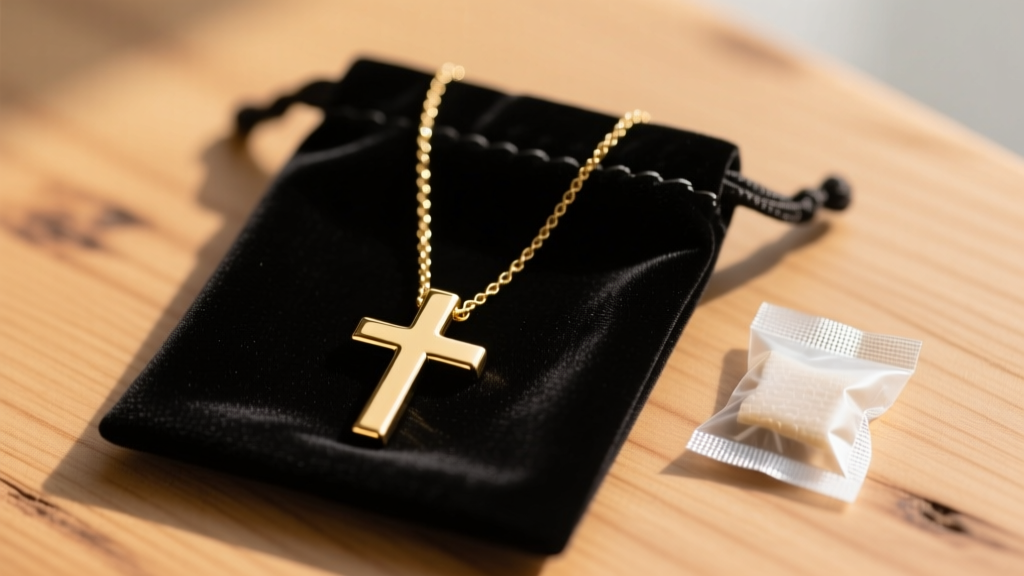 Black gold cross necklace resting inside an anti-tarnish velvet pouch alongside a silica gel packet on a wooden surface.