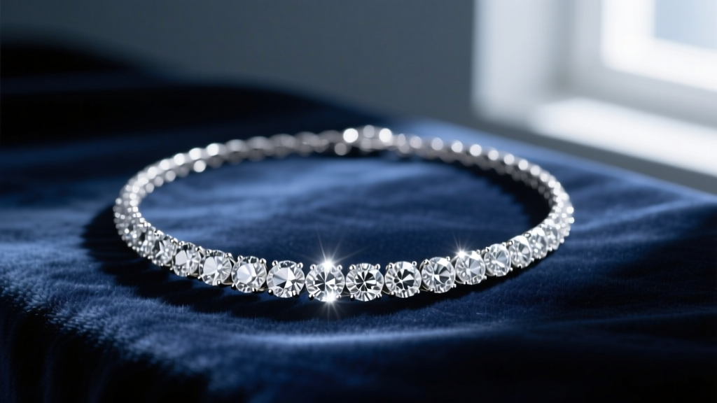 Heavy platinum diamond necklace on navy velvet, spotlighted to emphasize the stones