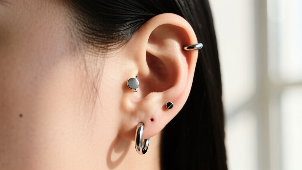 Side profile of an ear showing healed cartilage piercings adorned with polished implant-grade titanium hoops and flat-back studs.