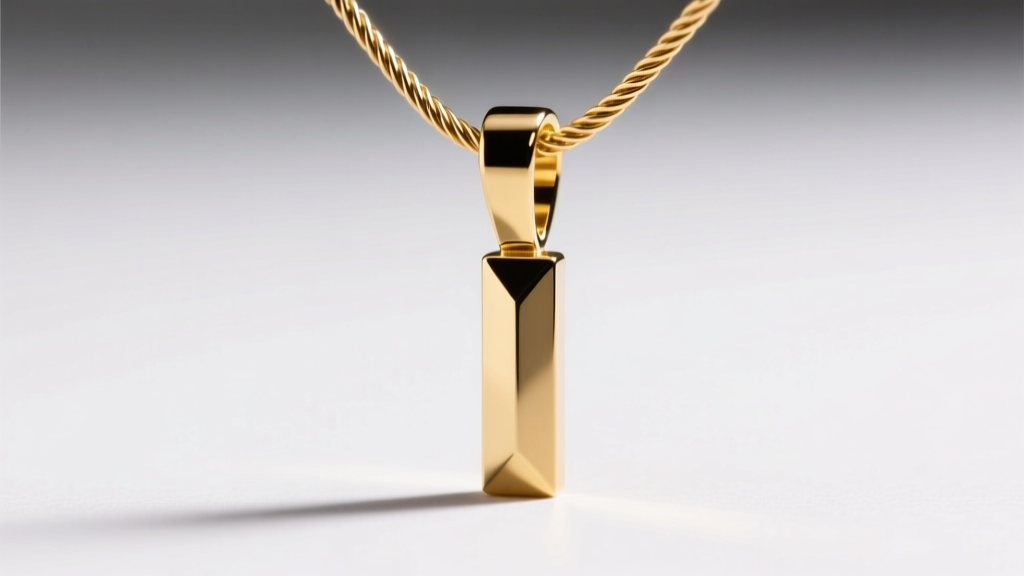 Macro shot of a laser-welded hidden bail attaching a gold vertical bar pendant to a 1mm cable chain under bright studio lighting.