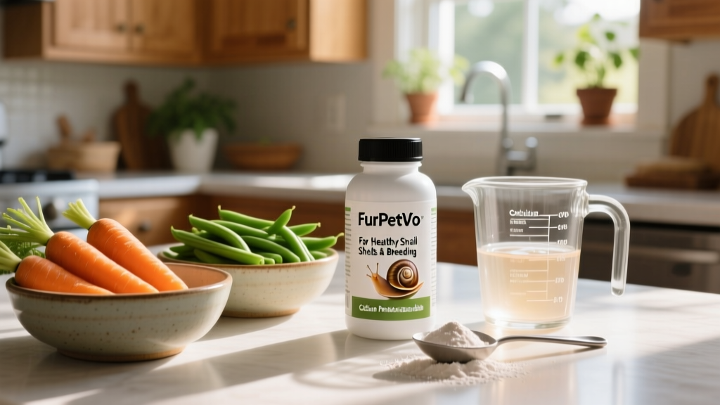 A clean kitchen counter with ingredients laid out: steamed carrots, green beans, gelatin, calcium powder, and FurPetVo supplements ready for mixing