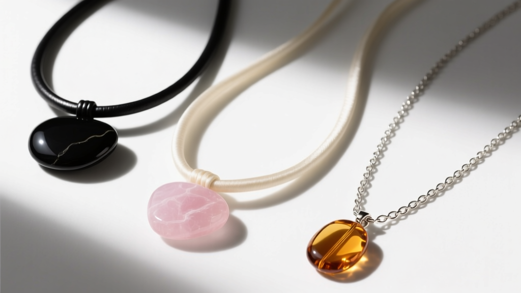 Top-down flat lay of three pebble necklaces: black onyx on leather cord, rose quartz on silk, and amber on a silver wheat chain.
