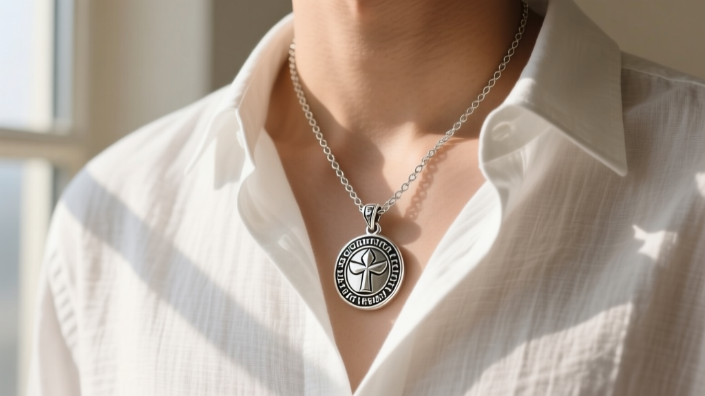 Sterling silver Amulet of Greater Health pendant on an 18-inch chain, worn casually over a crisp white linen button-down shirt.