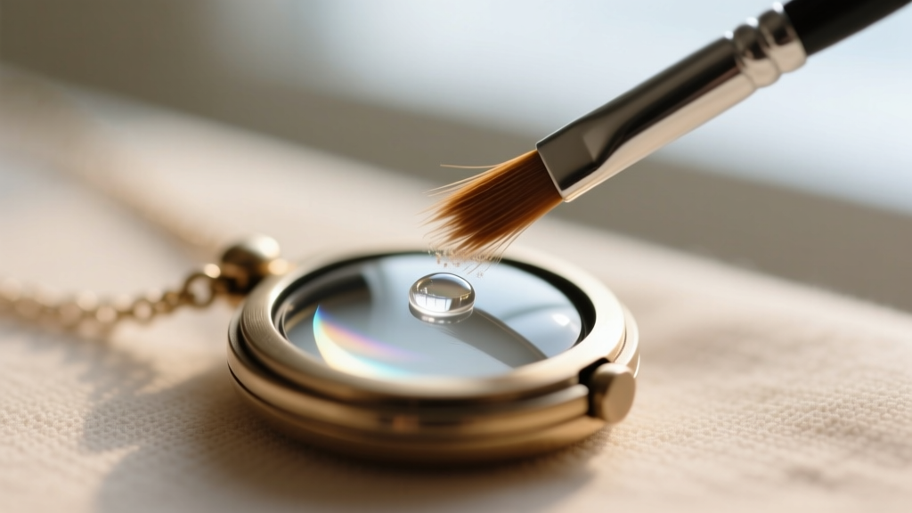 Close-up of an optical brush gently sweeping dust from the tiny polycarbonate lens of a digital locket camera necklace.