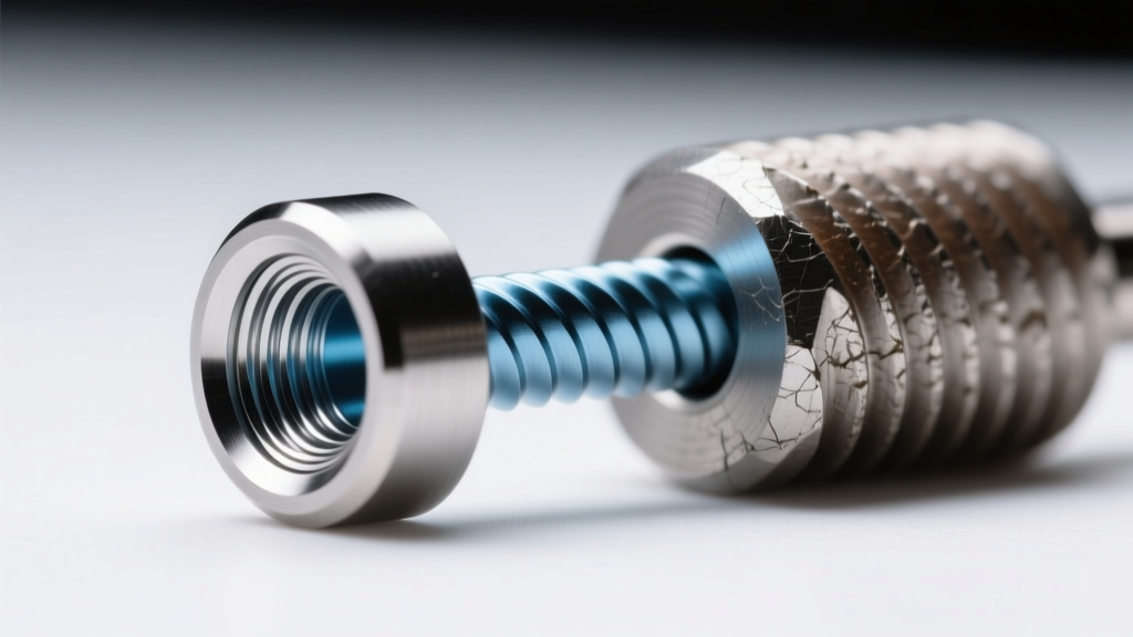 Macro shot showing smooth internal threading of an M Ink House implant-grade titanium barbell next to a rough external thread