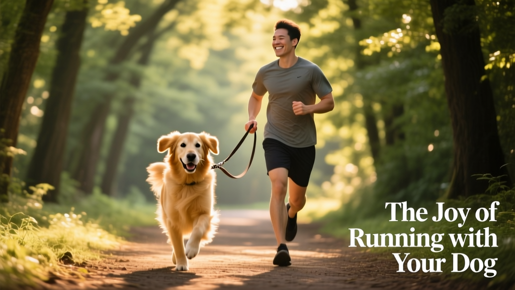 A dog running calmly on a leash beside their owner on a tree-lined path