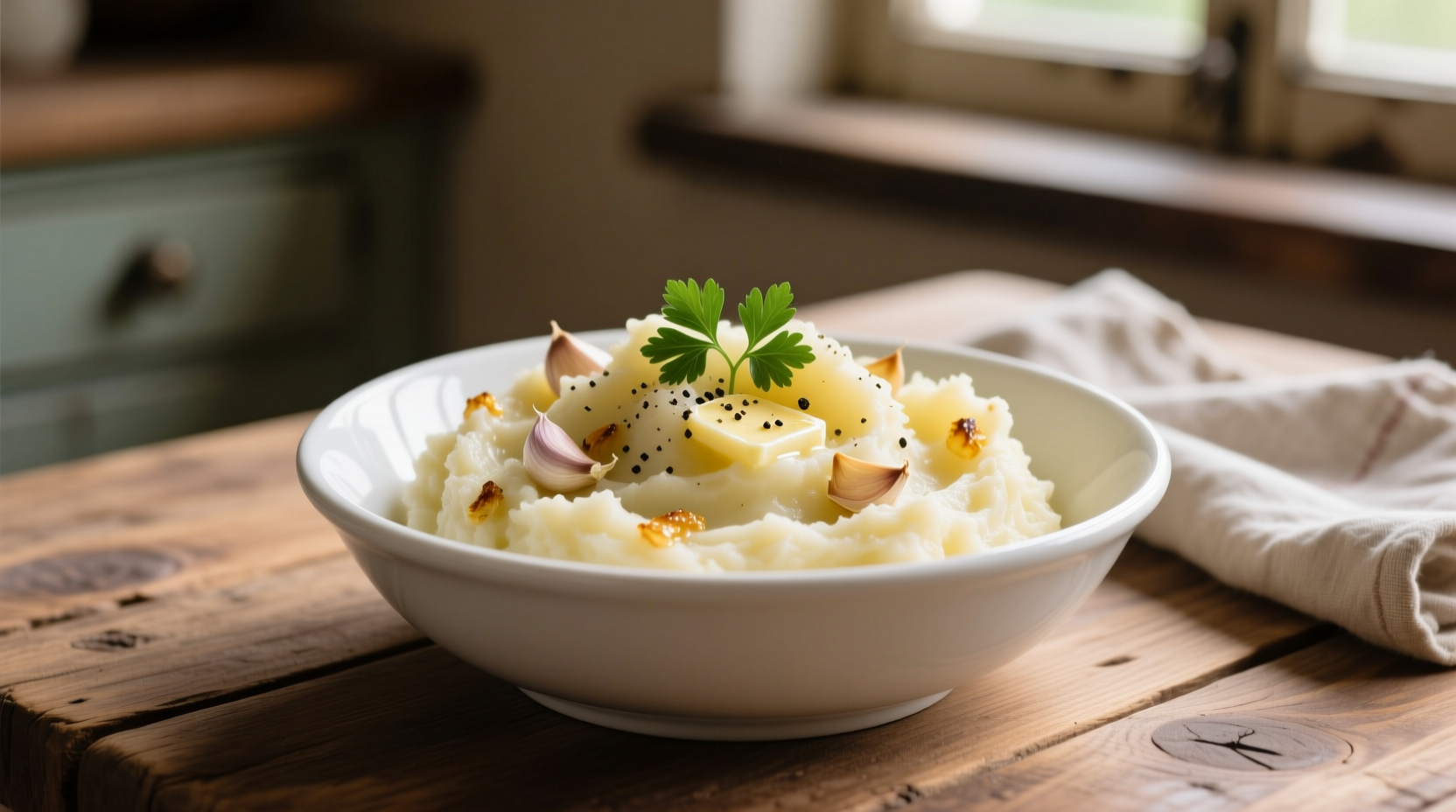 Creamy garlic confit mashed potatoes in white bowl