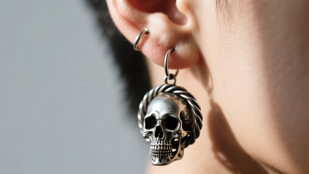 Oxidized silver skull dangle earring on a 14-gauge stretched lobe, displaying proper weight distribution and thick supportive wire