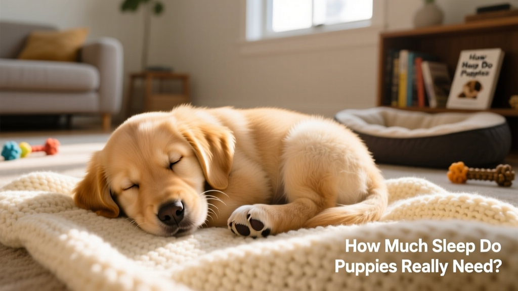 A sleepy golden retriever puppy curled up on a soft blanket