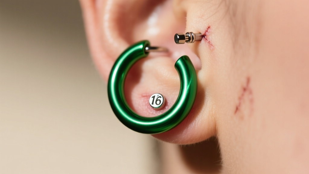 Healed 16-gauge cartilage piercing featuring an anodized titanium green huggie hoop with a clicker closure in soft lighting.