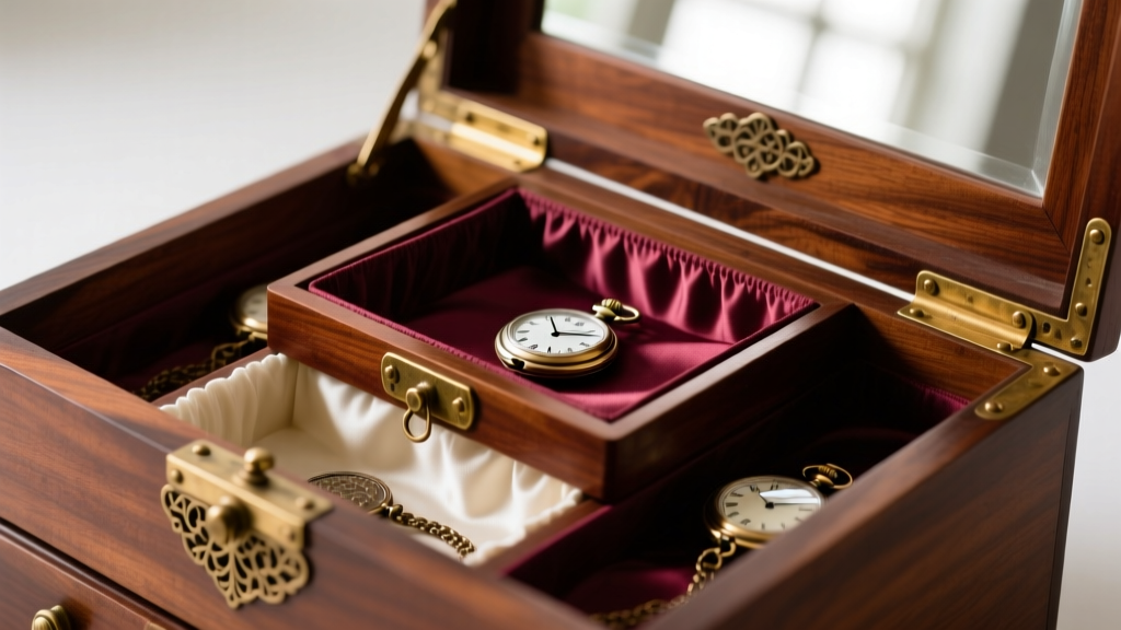 Open antique mahogany dressing box showing tiered silk-lined trays, vintage pocket watch compartments, and tarnished brass hinges