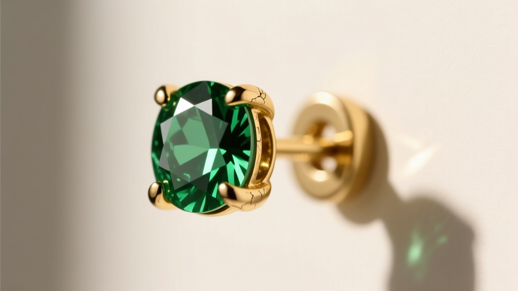 Side profile of an 18k gold earring setting with worn 0.9mm prongs gripping a cushion green diamond, highlighting metal fatigue.