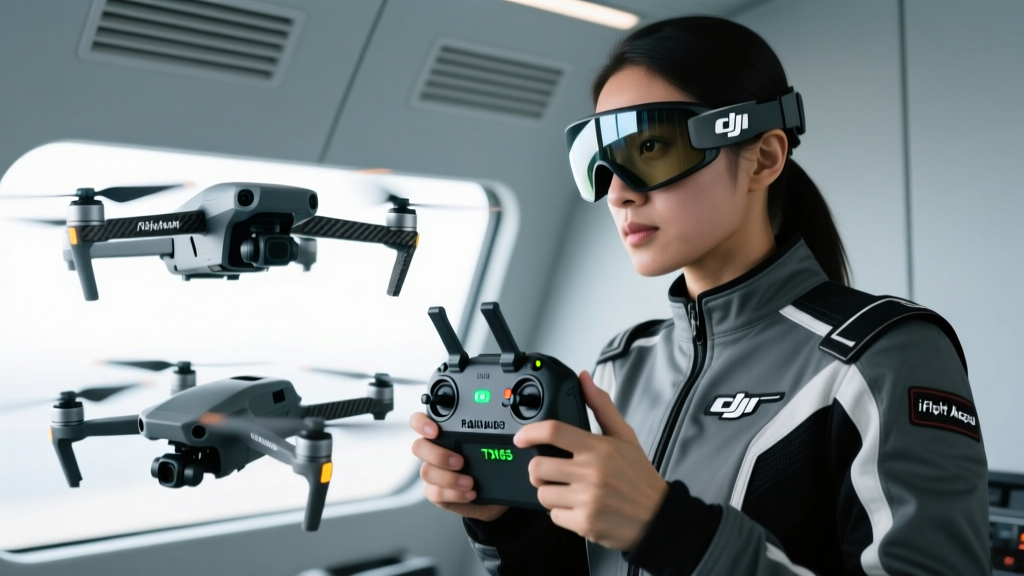 Close-up of a pilot wearing DJI Goggles 3 holding a RadioMaster TX16S controller with an iFlight Nazgul FPV drone