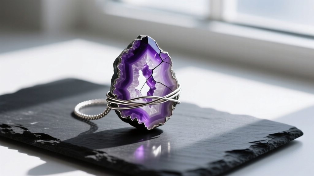 Flat lay of a fractured amethyst geode pendant with raw edges wrapped in oxidized sterling silver wire, resting on dark slate.
