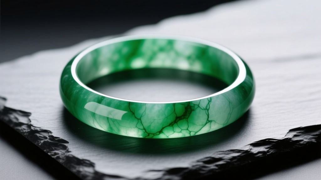 Macro shot of a translucent imperial green jadeite bangle resting on dark slate, illuminated by soft directional studio lighting