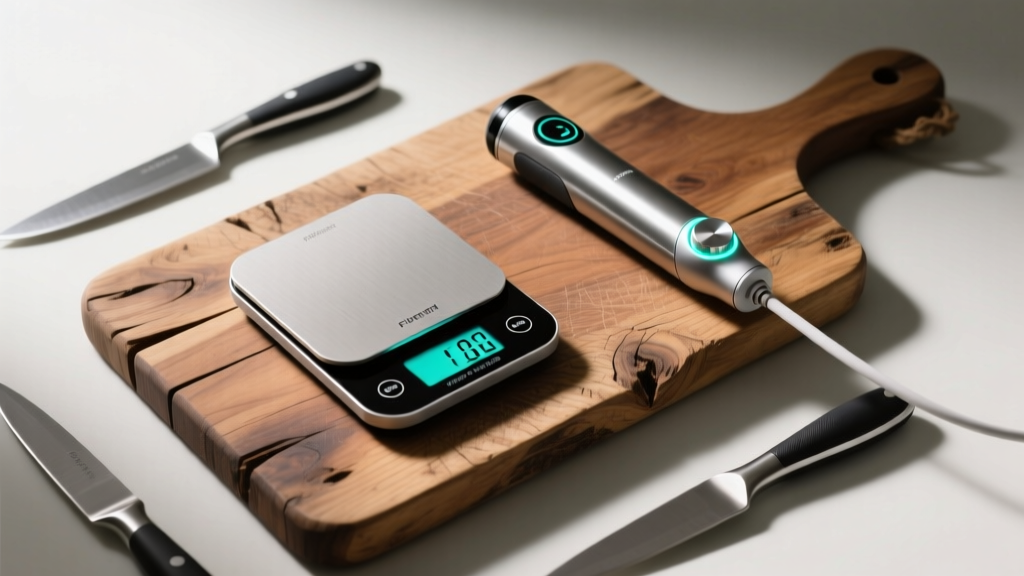 Overhead shot of a rustic wooden cutting board surrounded by high-tech culinary tools, including a smart scale and a precision sous vide wand.