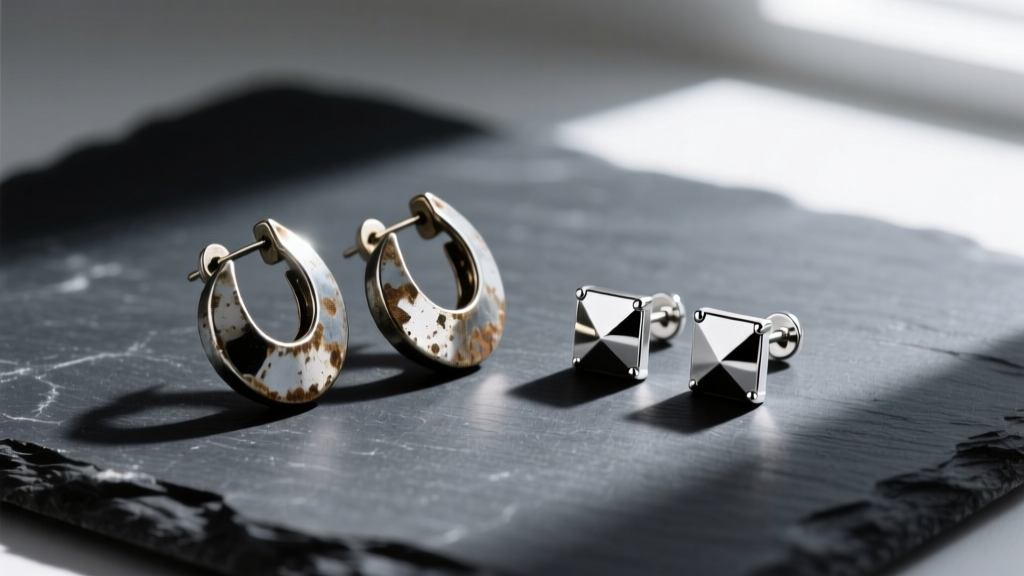 Flat lay of tarnished fast-fashion earrings next to pristine PVD-coated sterling silver stud earrings on a dark slate surface.