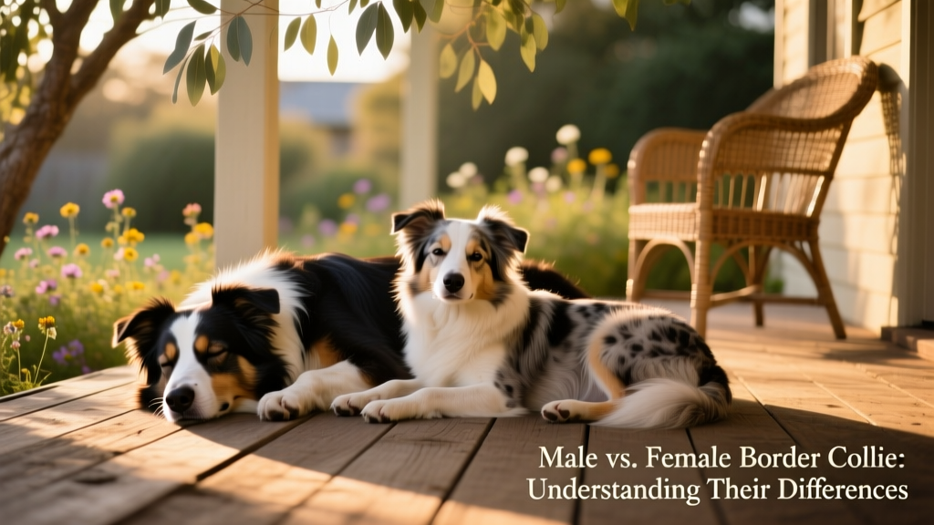 A bonded Border Collie pair—one male, one female—resting side by side on a sunlit porch