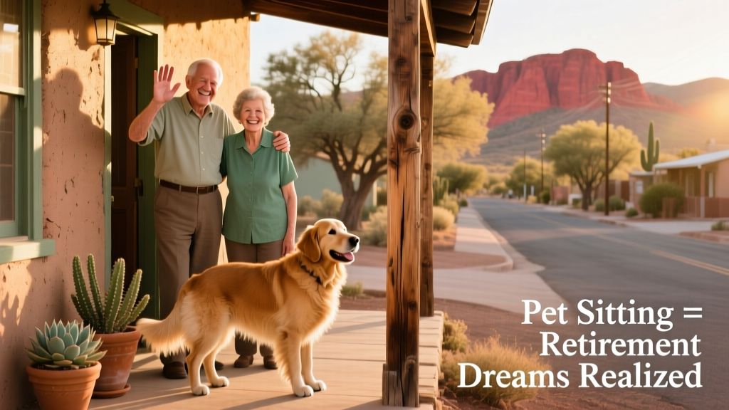 John and Barb waving goodbye from a sun-drenched porch in Arizona, with a friendly golden retriever beside them