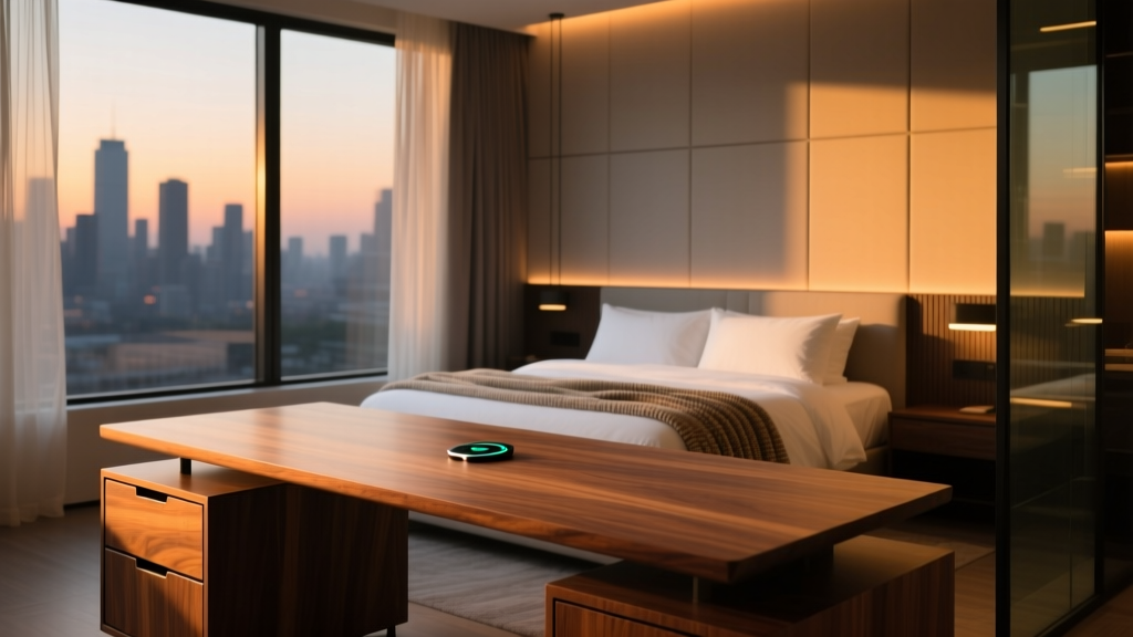 A modern hybrid bedroom office at dusk, featuring a clean walnut desk, warm bias lighting, and a neatly made bed in the background.