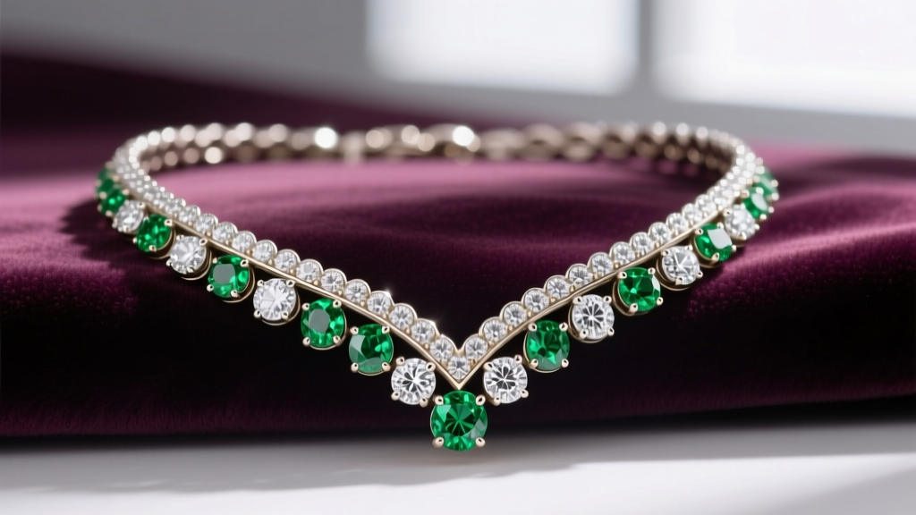 18k white gold French pave diamond tennis necklace on velvet, highlighting V-shaped scalloped settings and brilliant melee stones