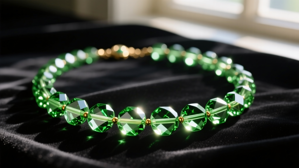 Macro shot of a 1920s vintage green crystal necklace with faceted uranium glass beads glowing faintly in sunlight on dark velvet