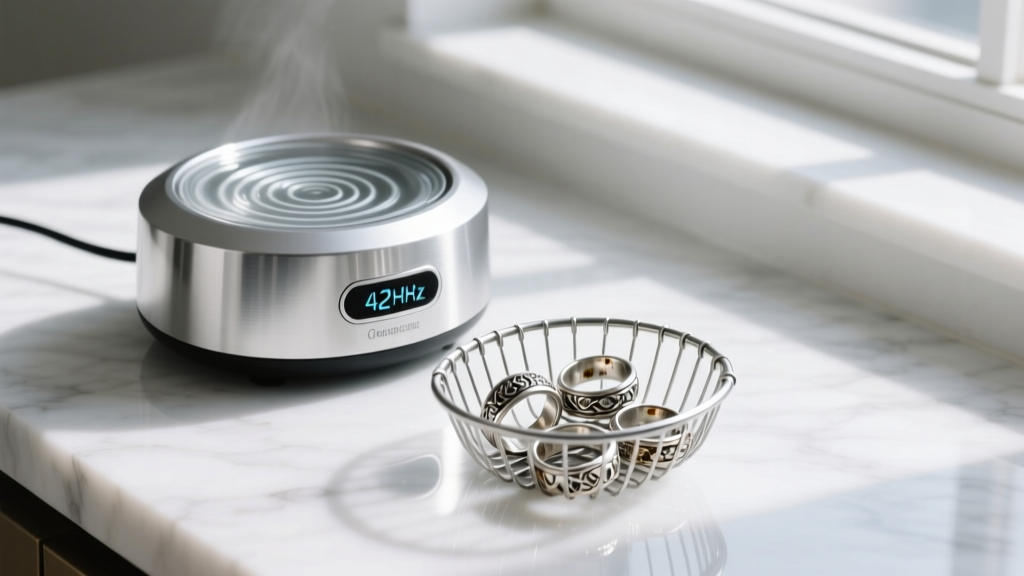 Sleek ultrasonic silver cleaner on marble, display at 42kHz, holding a small wire basket of tarnished sterling silver rings.