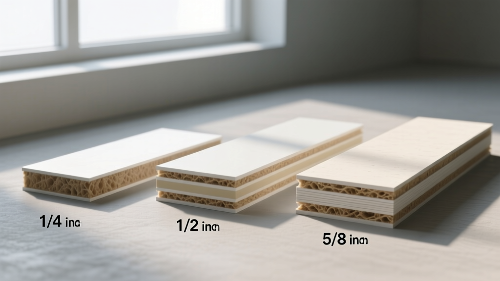 Cross-section comparison of 1/4 inch, 1/2 inch, and 5/8 inch gypsum board thicknesses for construction applications