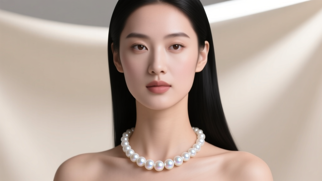Elegant woman wearing an 18-inch white Akoya pearl necklace on a cream background, studio lighting highlighting the gem luster.
