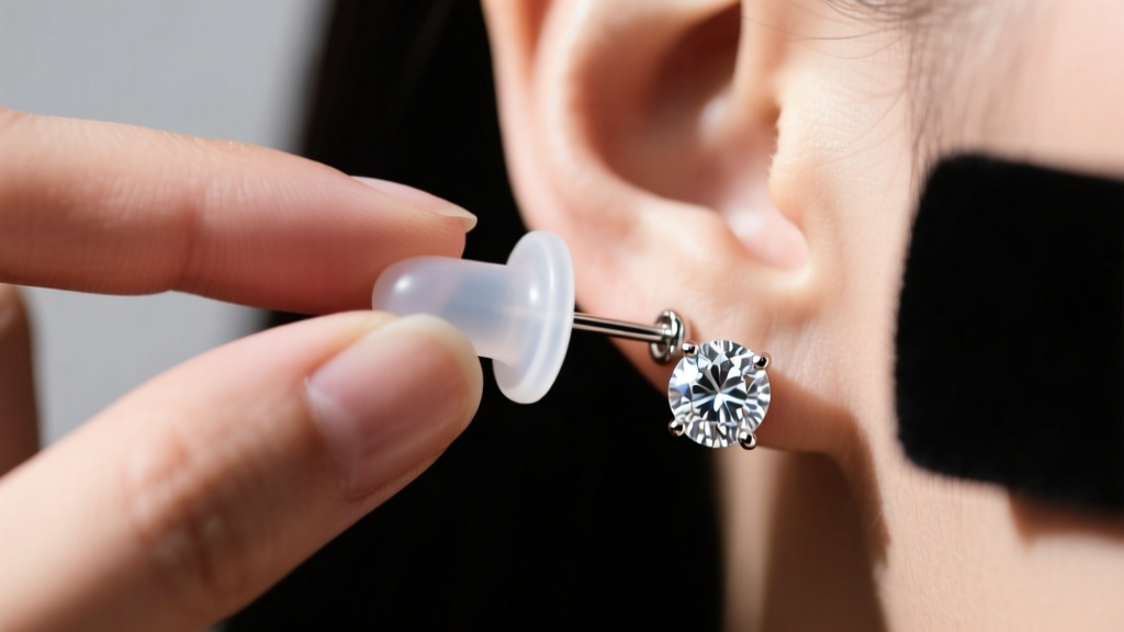 Hands pushing a disc silicone stopper onto a heavy diamond earring post, showing a secure fit and tight grip on the ear lobe