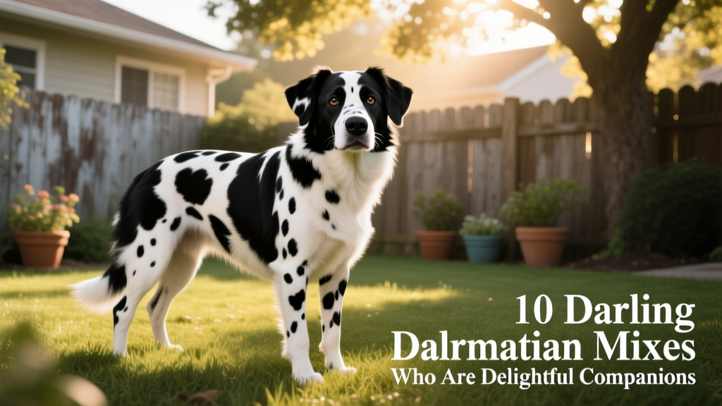 Black and white Australian Shepherd Dalmatian Mix with spots standing in the backyard