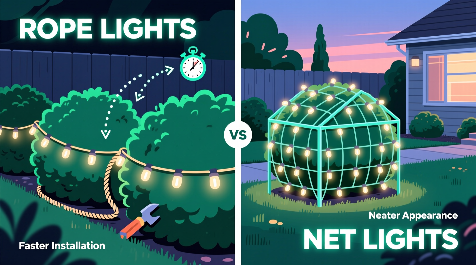 rope lights vs net lights for bushes which installs faster and looks neater